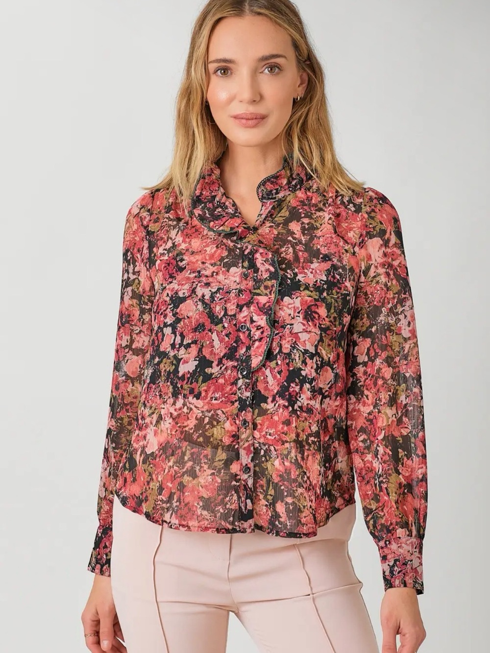 Women’s Floral Fall Ruffle Neck Button-Down Blouse – Long Sleeve NWT